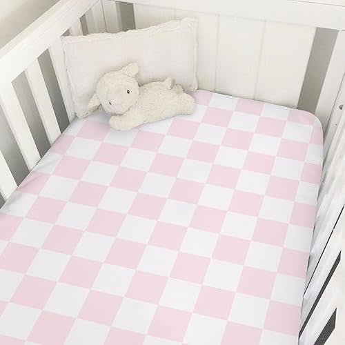 Pink and White Checkered Baby Crib Sheets for Girls Gingham Plaid Checkerboard Soft Snug Fitted Crib Mattress Covers for 52''x28'' Standard Crib & Toddler Mattress Pink Checks Nursery Bed Sheets