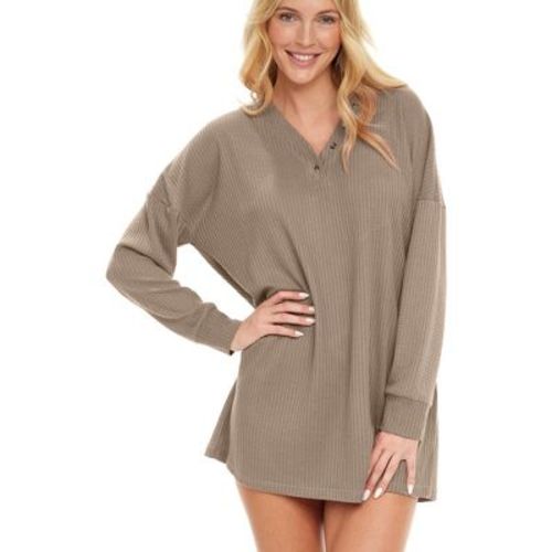 ADR Women's Long Sleeve Oversized Ribbed Knit Nightshirt, V-neck Sleepshirt, Pajama Thermal Underwear Top Beige 2X