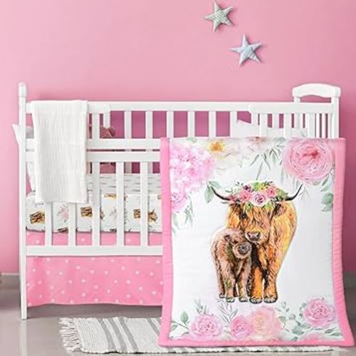 3 Piece Highland Cow Baby Crib Bedding Set for Baby Girls Pink Floral Nursery Crib Sets Includes Quilt,Fitted Crib Sheet, Crib Skirt for Newborns Baby Boy Girl