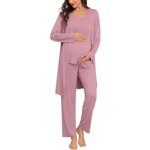 SWOMOG Women Maternity Nursing Robe Set 3 PCS Labor Delivery Breastfeeding Pajama Postpartum Pjs for Hospital Pregnancy