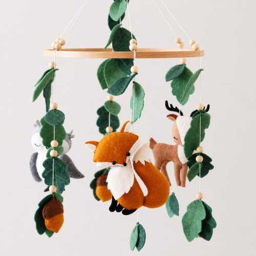 Felt Woodland Animals Baby Mobile, Forest Crib Decor, Deer Fox Owl Nursery