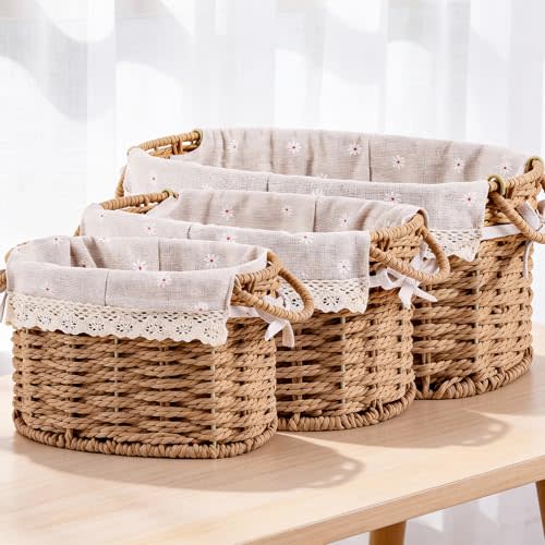 Wicker Storage Basket Set of 3, Paper Rope Storage Basket with Handles & Liners, Decorative Woven Basket for Organizing, Vintage Boho Baskets for Shelves