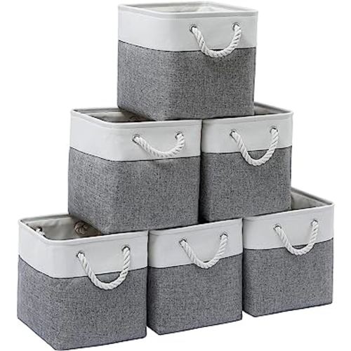 Cube Storage Bins with Rope Handles, 6 Pack (White & Grey, 11"x11"x11")