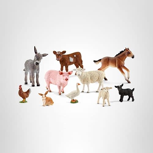 Schleich Farm World - 10 PC Farm Animal Playset with Cow, Donkey, Chicken, Pig, Bunny, Horse Toys and More -Realistic Barnyard Figurines - Fun Educational Figures For Kids and Toddlers Ages 3+ - 77585