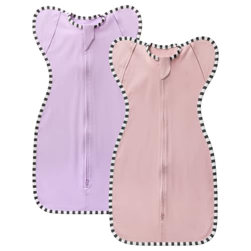 QUENESS Transition Swaddle, 2 Pack 100% Cotton Baby Sleep Sack, 2-Way Zipper Infant Arm Up Swaddle for Newborn Baby Boys Girls (Rose Pink + Purple, M(3-6 Months))