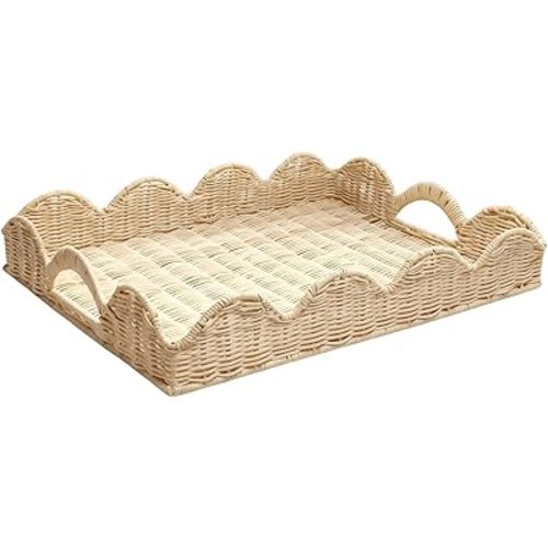 Scalloped Edge Rattan Tray Basket,17"*13" Super Hard Rectangle Hand Woven Wicker Serving Trays with Handles, Seagrass Decoratve Trays for Coffee Table (Rattan-Off White)