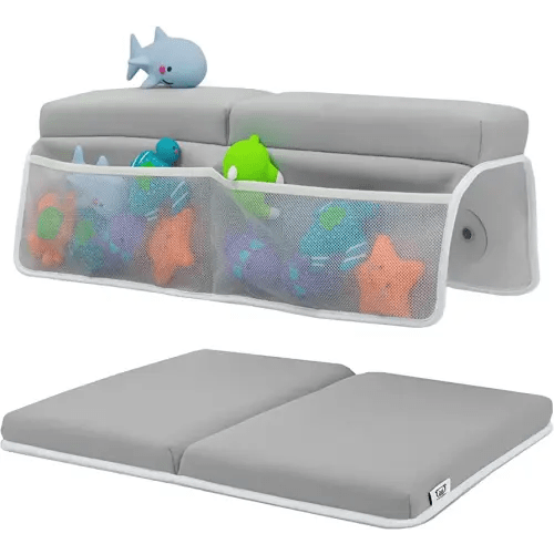 Baby Bath Kneeler and Elbow Rest Pad Set - Thickest Bathtub Kneeler Pad with Memory Foam and Bath Toys Organizer - Ideal Bath Kneeling Pad for Bathing Baby - Relieve your Knees and Elbows (Grey)