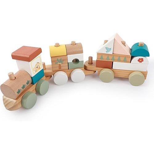 Freniland Solid Wood Block Train Set – 3-Car Premium Buildable Train with 18 Wooden Blocks, Montessori Stacking & Rolling Learning Toy for Toddlers 18M+, Heirloom Quality Gift