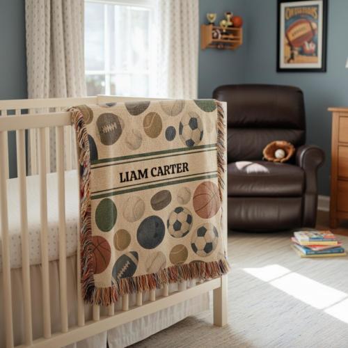 Sports Baby Blanket Personalized – Custom Baseball Name Woven Nursery Throw with Basketball Soccer Football