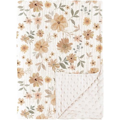 Konssy Baby Blankets for Unisex Boys Girls, Super Soft Nursery Minky Blankets with Muslin Cotton Front and Dotted Fleece Backing, Printed Bed Throws Newborn