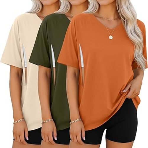 3 Pack Women's Oversized Nursing Shirts with Hidden Zip Breastfeeding Tops Short Sleeve Raglan Maternity Clothes