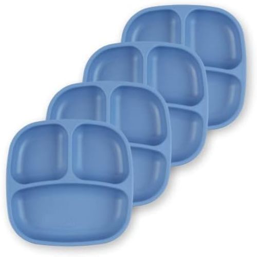 Re-Play Divided Toddler Plates Set of 4 - Deep-Walled 3 Compartment Kids Plates for Picky Eaters - Dishwasher & Microwave Safe - BPA-Free - Made in USA, Denim