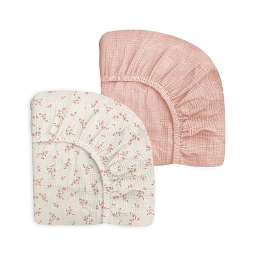 Pack and Play Sheets for Baby Boy and Girl 2 Pack, Neutral Muslin Cotton Pack N Play Mattresses Sheet 27"x39", Muslin Nursery Bedding Soft and Breathable Comfort (Rosy)