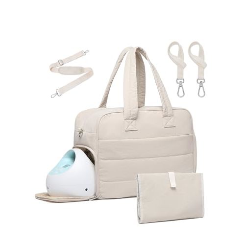Diaper Bag with Breast Pump Laptop Compartment, Puffer Quilted Tote Bag with Baby Changing Pad Stroller Buckle Straps