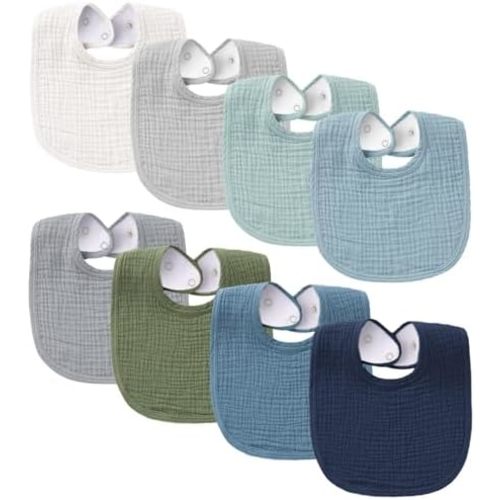 Konssy 8-Pack Muslin Baby Bibs, Adjustable Fit for Drooling and Teething
