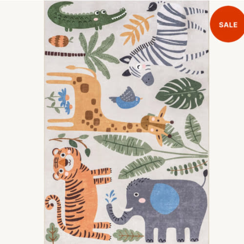 Debra Kids Spill Proof Washable Jungle Friends Rug | White Multicolor – Rugs USA