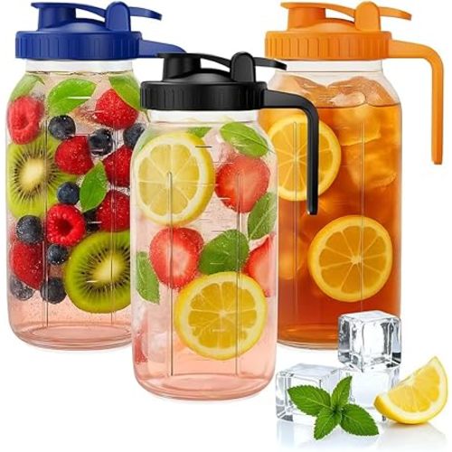 64oz Mason Jar Pitcher - Airtight & Leakproof Glass Pitchers with Handle and Lid, Perfect for Breastmilk, Cold Brew and Sun Tea for Outside,2 Quart Mason Jar with Pour Spout Lid,1/2 Gallon Water Jug