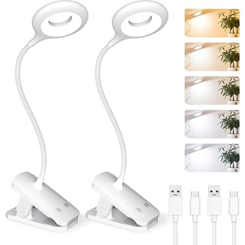 CUHIOY 2Pack Clip on Reading Light, 5 Colors 5 Brightness Bed Light for Headboard, Battery Rechargeable Flexible Arm Table Lamp with Clamp, Eye Protect LED Book Light at Night for Crafting（White）