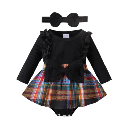 Baby Girl Clothes Fall Winter Outfit Plaid Romper Long Sleeve Dress Lace Ruffles Bodysuit with Bow Headband