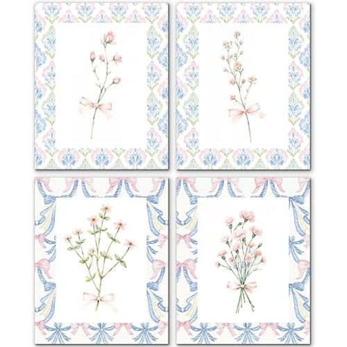 JINYO Coquette Blue and Pink Bow Floral Wall Art Prints Set of 4, Wildflower Nursery Decor, Grandmillennial Cottagecore Botanical Posters Pictures Wall Decor for Home Girls Room, 8x10 Unframed