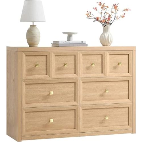 6 Drawers Dresser for Bedroom-46.5" Wide Wooden Chest of Drawers with Large Storage, Farmhouse Closet Dressers with Drawers, Long Dresser TV Stand for Living Room Bedroom, Natural Oak