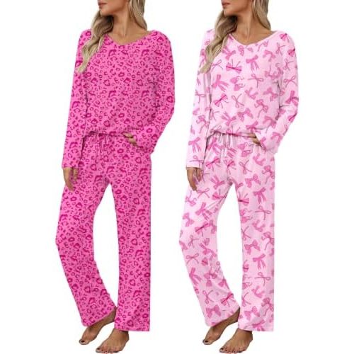 Ekouaer Women's 2 Pack Long Sleeve Pajama Sets V Neck Lounge Sets