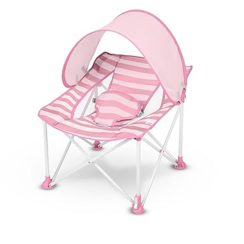 Bright Starts Pop ’N Chill Travel Seat, Indoor/Outdoor Use, Portable Infant Seat with Removable UPF 50+ Canopy, Pink, 0-6 Months