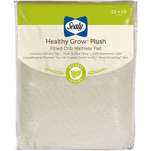 Sealy Baby Healthy Grow Plush Fitted Waterproof Infant Crib Mattress Protector Pad and Toddler Bed Cover, Organic Cotton and PolyBlend Top, Machine Washable and Dryer Friendly, 52” x 28”- White