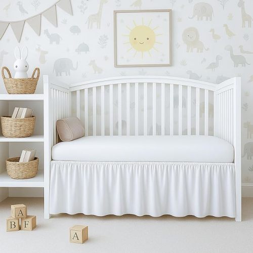 Cottington Lane White Crib Skirt Dust Ruffle, 100% Natural Cotton, Soft, Durable Nursery Crib Toddler Bedding Skirt for Baby Girls or Boys, Fits Standard Cribs 28" x 52" with 14" Drop