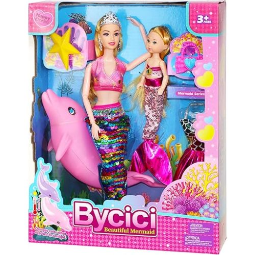 Magical Mermaid Dolls Set for Girls 4-7 - Princess Twin Dolls with Color-Changing Purple Dolphin, Summer Outfits & Sparkling Accessories (Crown, Flip Scales, Starfish Comb) Water Play Birthday Gift