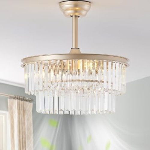 20" Gold Crystal Fandelier Ceiling Fans with Lights, Caged Gold Crystal Chandelier Ceiling Fan with Light Remote Control with 6 Speeds for Bedroom, Nursery, Living Room