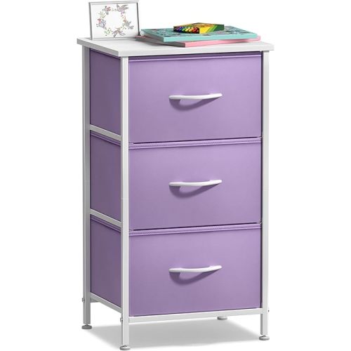 Sorbus Nightstand with 3 Drawers - Bedside Furniture & Accent End Table Chest for Home, Bedroom Accessories, Office, College Dorm, Steel Frame, Wood Top, Pastel Fabric Bins (Purple)