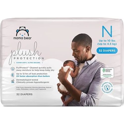Amazon Brand - Mama Bear Plush Protection Diapers, Keeps Baby Dry, Skin Safe, Leakproof, Size Newborn, 32 Count, Hypoallergenic Premium Disposable Baby Diapers, White and Cloud Dreams