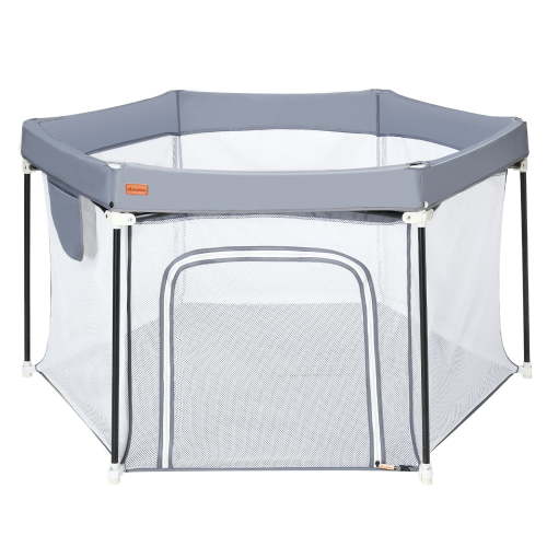 UBRAVOO Gray Hexagon Foldable Cloth Baby Playpen, Playard for Babies and Toddlers with Soft Breathable Mesh
