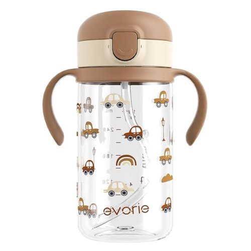 Evorie Tritan Spill Proof Toddler Straw Sippy Cup, 10 oz for Baby and Toddlers 1-3 Years Old, No Spill Straw Water Bottle with Removable Handles, Ideal for School, BPA-Free, Choco Car (New)