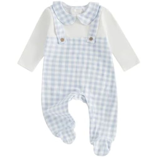 Baby Girl Boy Gingham Footies Romper Lapel Long Sleeve Jumpsuit Cute Gender Neutral Newborn Coming Home Outfit 0-6M