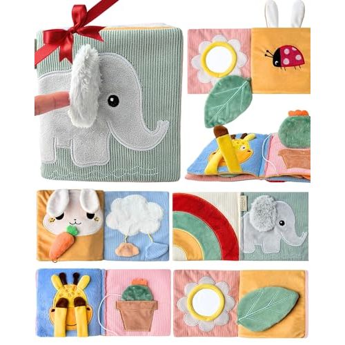 Toodly Cute Soft Baby Book with Mirror, Activities, Touch and Feel & Crinkle Pages - Interactive Sensory Cloth Toy for Babies 0-6, 6-12 & 12-18 Months - Adorable Animal Themes for Early Development