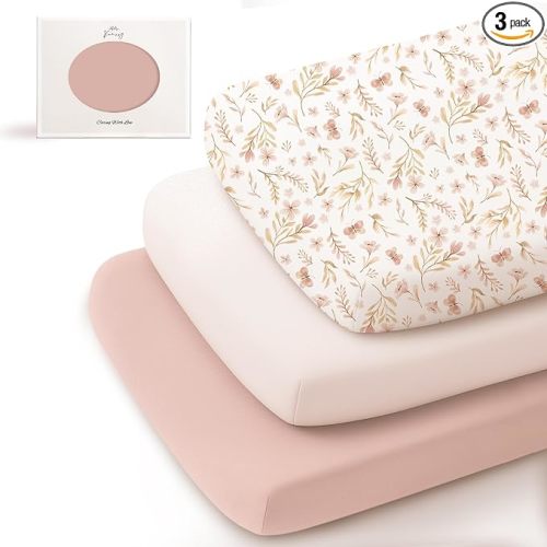 Konssy 3 Pack Stretchy Bassinet Sheets for Baby Girl Boy, Soft Breathable Baby Bassinet Mattress Sheets Fit for Hourglass Oval Cradle, Moses Basket Rectangle Mattress (Pink Spring)