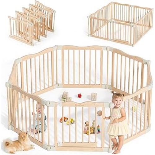 Foldable Wooden Playpen - Adjustable Wood Baby Play Yard with Child-Proof Lock, Indoor Large Safety Fence for Babies and Toddlers - Easy Assembly, 8 Panels, Nature Nest