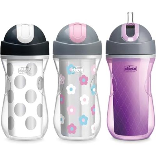 Chicco Insulated Flip-Top Straw Sippy Cup for Toddlers 12m+, 9oz 3-Pack