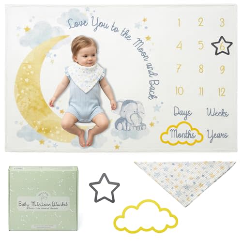 Monthly Milestone Blanket for Baby Boys & Girls - 60"x40" - Wrinkle Free Moon and Stars Elephant Blanket with Growth Chart - Washable & Dryable - w/Frames & Cotton Bib - Space Theme Gift