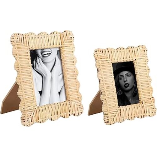 2 Pack Woven Rattan Picture Frame Set,4x6 & 5x7 Scalloped Picture Frame with Stand,Exquisite Handmade Wicker Photo Frame for Many Home Decor Style