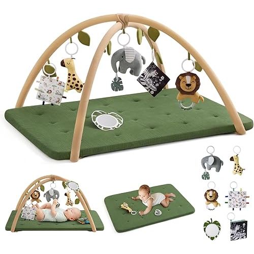 Blissful Diary Baby Play Gym Mat, Extra Thick Muslin Cotton Tummy Time Mat with 6 Sensory Toys for Newborn Development, Non-Slip Cushioned Foam Padding, Baby Essentials Shower Gift, Forest Green