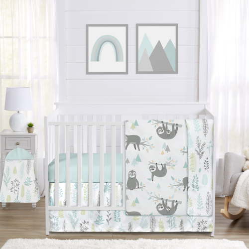 Sweet Jojo Designs Sloth Blue Grey and Green 4 Piece Crib Bedding Set
