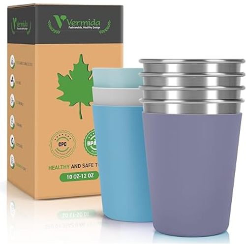 Stainless Steel Cups for Kids and Toddlers, 12oz Stackable Stainless Steel Kids Cups with Silicone Sleeves Sweat Proof, Unbreakable Metal Cups for Home & Outdoor, BPA Free (4 Pack)