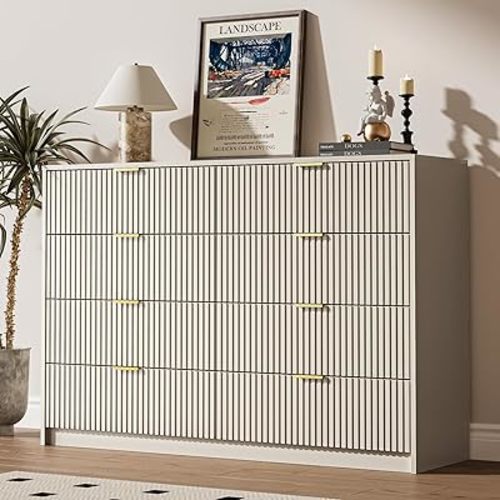 Beige Dresser for Bedroom, 8 Drawer Double Dresser, Modern Chest of Drawers for Bedroom, Living Room, Entryway and Closet, 55" L x 15.7" D x 37.4" H