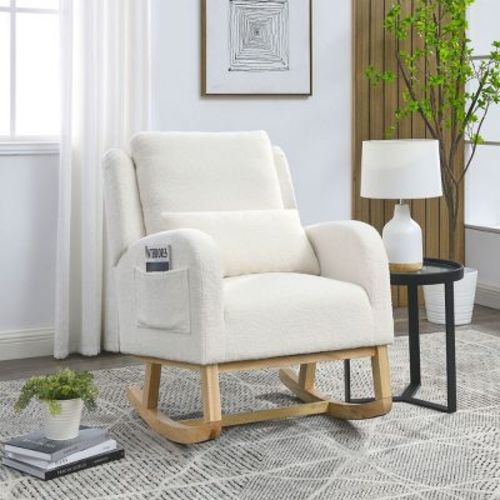 Modern Lounge Rocker Recliner,Teddy Fabric Rocking Chair with Pockets,Comfy Accent Arm Chair with Solid Wood Legs,Leisure Chairs-Koiai