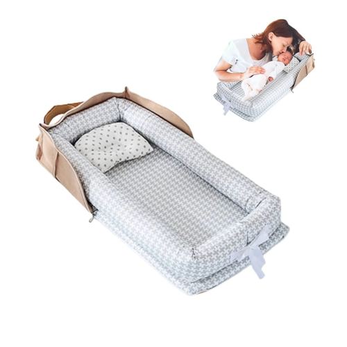 Baby Lounger for Newborn Portable Bag,Baby Nest Co Sleeping for Baby in Bed with Pillow,Newborn Lounger Adjustable Size & Strong Zipper Lengthen Space to 24 Months(Gray Thousand Bird Check)