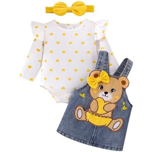 TOKIAGO Baby Girl Clothes Fall Winter Outfits Long Sleeve Romper Bear Cartoon Suspender Skirt Bow Headband Set 0-18 Months