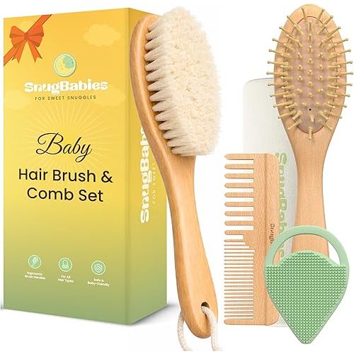 Baby Hair Brush & Comb Set for Newborns - Gentle Goat-Hair & Bamboo Bristle Hairbrushes with Easy Grip Wooden Handles - 5-Pack Baby Brush Set with a Cotton Travel Pouch - Gifts for Boys & Girls
